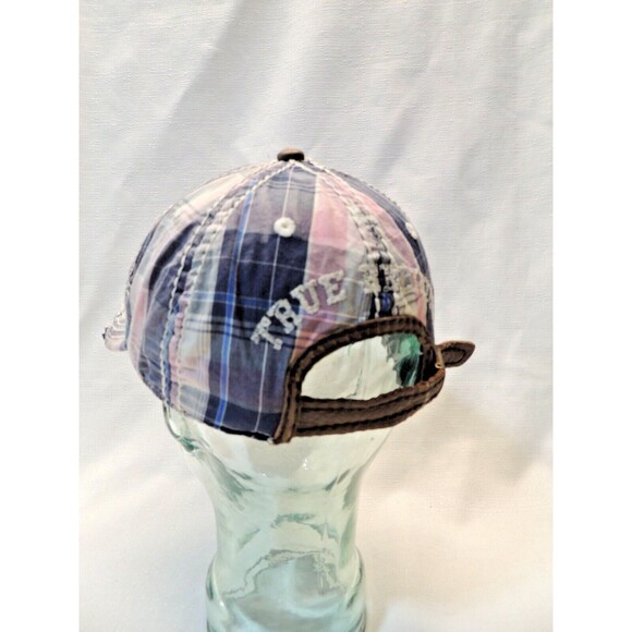 True Religion Pink Blue Madras Cotton Metal Accent Distressed Hat OSFA RARE NWOT - Picture 3 of 10
